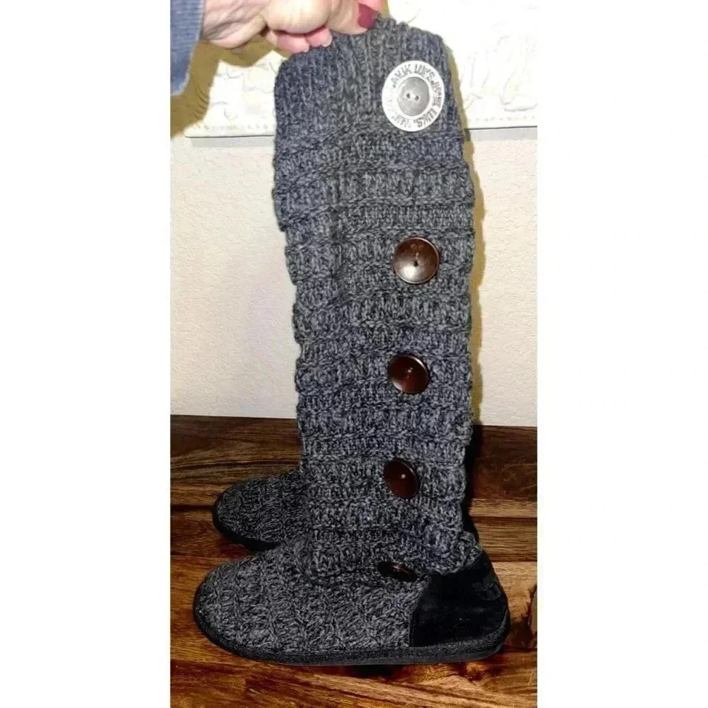 Muk Luks Women Black/Gray Marled Slouchy Tall knit Sweater Boots Button Size 7